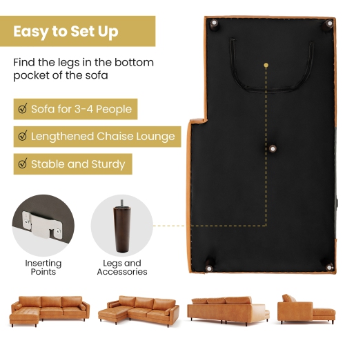 Costway 105" Air Leather L-Shaped Sectional Sofa w/ Chaise Lounge & 2 Bolster Pillows