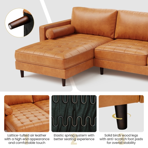 Costway 105" Air Leather L-Shaped Sectional Sofa w/ Chaise Lounge & 2 Bolster Pillows