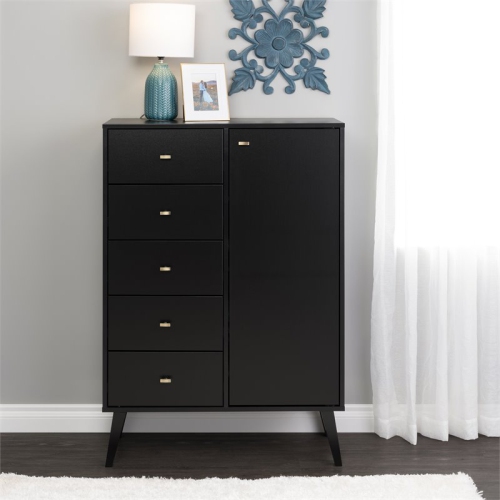 Prepac Milo 5-Drawer Mid-Century Modern Wood Chest with Door in Black