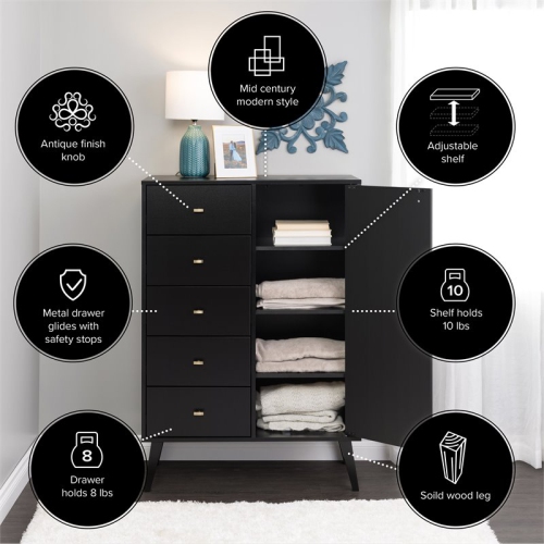 Prepac Milo 5-Drawer Mid-Century Modern Wood Chest with Door in Black