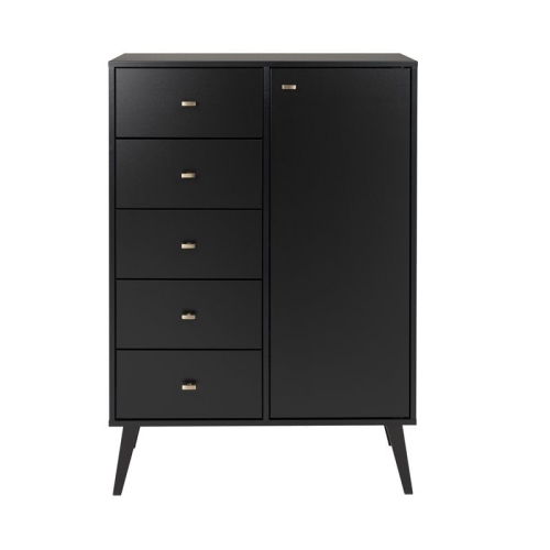 Prepac Milo 5-Drawer Mid-Century Modern Wood Chest with Door in Black