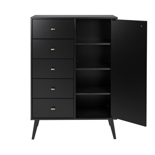 Prepac Milo 5-Drawer Mid-Century Modern Wood Chest with Door in Black