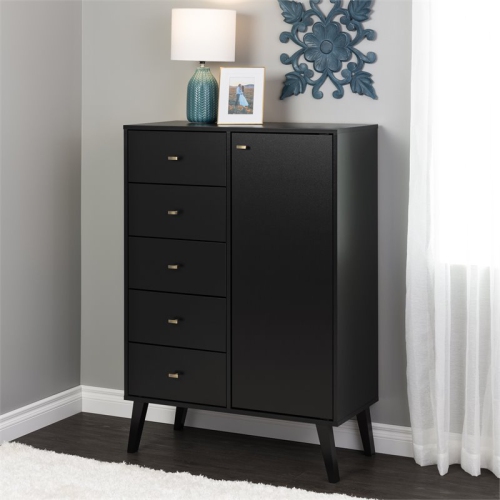 Prepac Milo 5-Drawer Mid-Century Modern Wood Chest with Door in Black