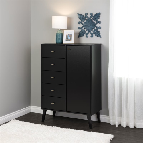 Prepac Milo 5-Drawer Mid-Century Modern Wood Chest with Door in Black