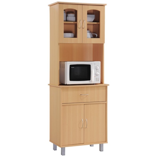 Hodedah Kitchen China with 4-Door 1-Drawer and Microwave Space in Beige Wood