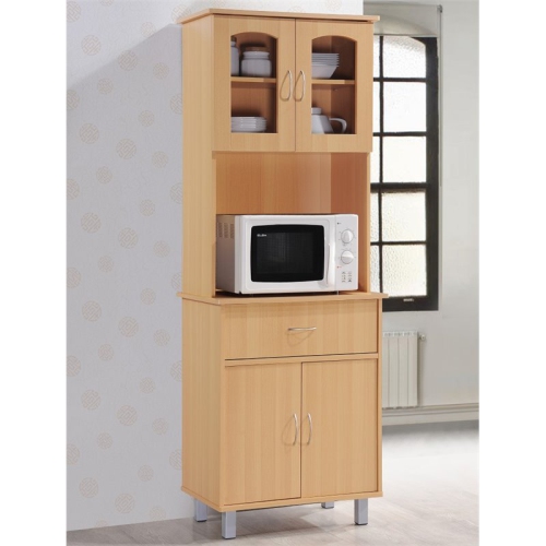 Hodedah Kitchen China with 4-Door 1-Drawer and Microwave Space in Beige Wood