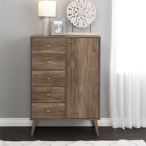 Prepac Milo 5-Drawer Mid-Century Modern Wood Chest with Door in Gray