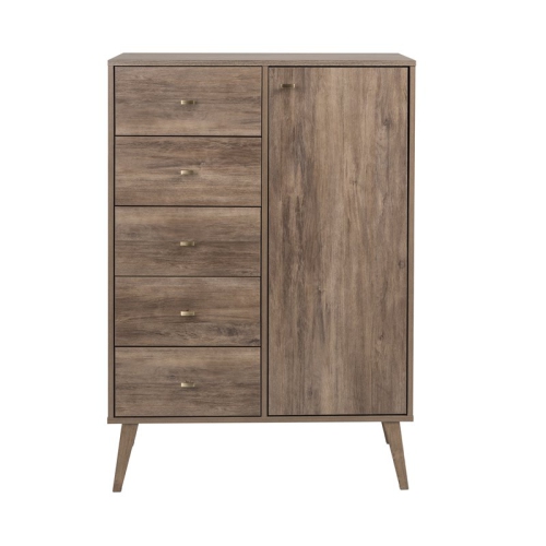 Prepac Milo 5-Drawer Mid-Century Modern Wood Chest with Door in Gray