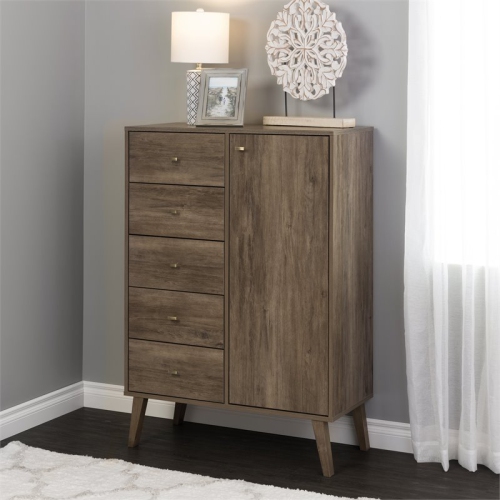 Prepac Milo 5-Drawer Mid-Century Modern Wood Chest with Door in Gray