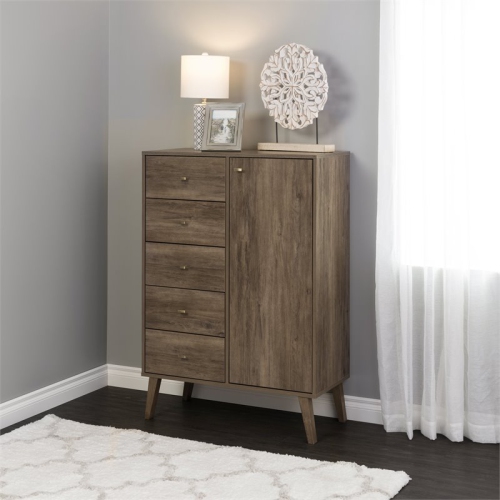 Prepac Milo 5-Drawer Mid-Century Modern Wood Chest with Door in Gray