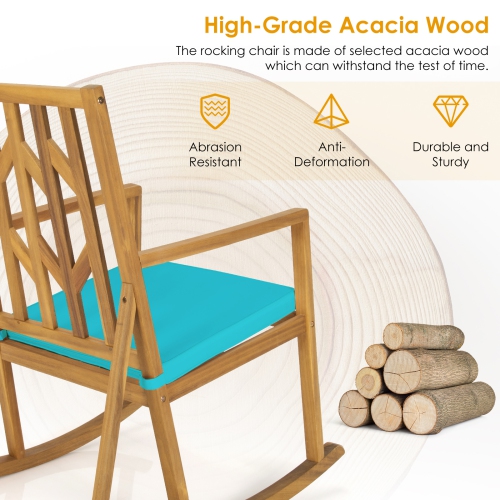 Patiojoy Outdoor Rocking Chair Acacia Wood Armrest Cushioned Sofa W/Removable High-Density Cushion for Garden