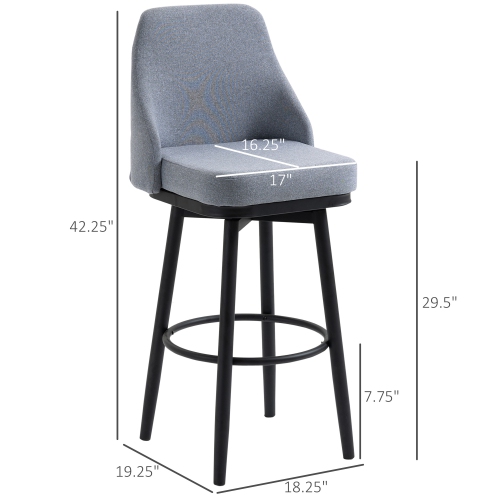 HOMCOM Bar Height Bar Stools Set of 2, 360° Swivel Barstools, Upholstered Extra Tall Bar Chair with 30" Seat Height and Steel Legs, Light Grey