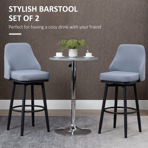 HOMCOM Bar Height Bar Stools Set of 2, 360° Swivel Barstools, Upholstered Extra Tall Bar Chair with 30" Seat Height and Steel Legs, Light Grey