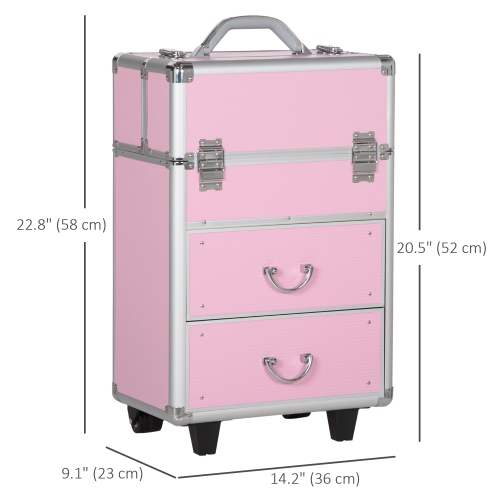 HOMCOM Aluminum Rolling Makeup Train Case, Portable Professional Cosmetic Makeup Case, Lockable Traveling Cart Trunk with Folding Trays, Swivel