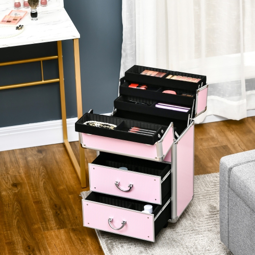 HOMCOM Aluminum Rolling Makeup Train Case, Portable Professional Cosmetic Makeup Case, Lockable Traveling Cart Trunk with Folding Trays, Swivel