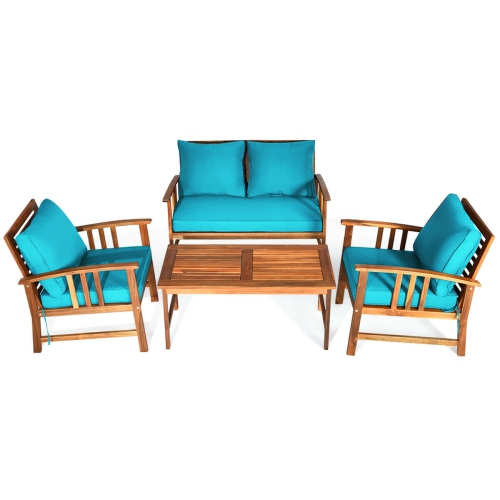 SLICKBLUE  4 Pieces Wooden Patio Sofa Chair Set With Cushion