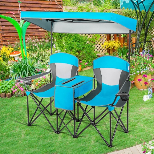 Portable Folding Camping Canopy Chairs with Cup Holder-Blue