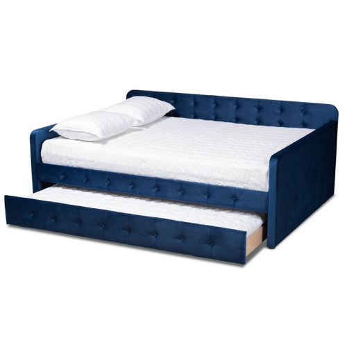 Baxton Studio Jona Navy Blue Velvet Upholstered Full Size Daybed with Trundle