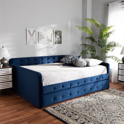 Baxton Studio Jona Navy Blue Velvet Upholstered Full Size Daybed with Trundle