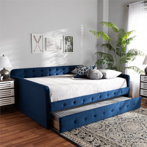 Baxton Studio Jona Navy Blue Velvet Upholstered Full Size Daybed with Trundle