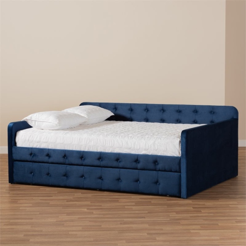 Baxton Studio Jona Navy Blue Velvet Upholstered Full Size Daybed with Trundle