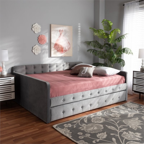 Baxton Studio Jona Gray Velvet Upholstered Full Size Daybed with Trundle