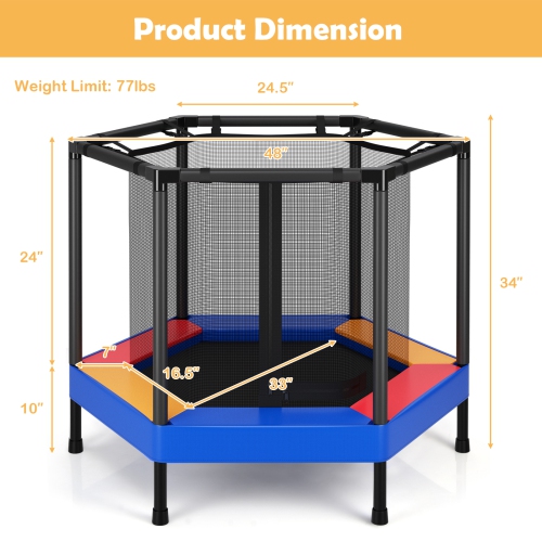 Topbuy 48" Kids Jumping Exercise ASTM Certified Approved Mini Recreational Hexagonal Shape Toddler Trampolines for Kids Toy Birthday Gift