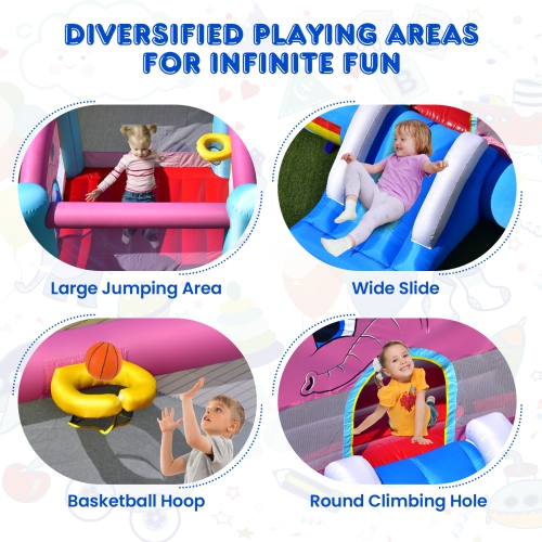 Topbuy Inflatable Bounce House 3-in-1 Elephant Theme Inflatable Castle w/ Jumping Area Slide & Basketball Rim Indoor Outdoor Kids Bouncer with 735W