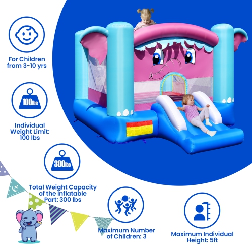 Topbuy Inflatable Bounce House 3-in-1 Elephant Theme Inflatable Castle w/ Jumping Area Slide & Basketball Rim Indoor Outdoor Kids Bouncer with 735W