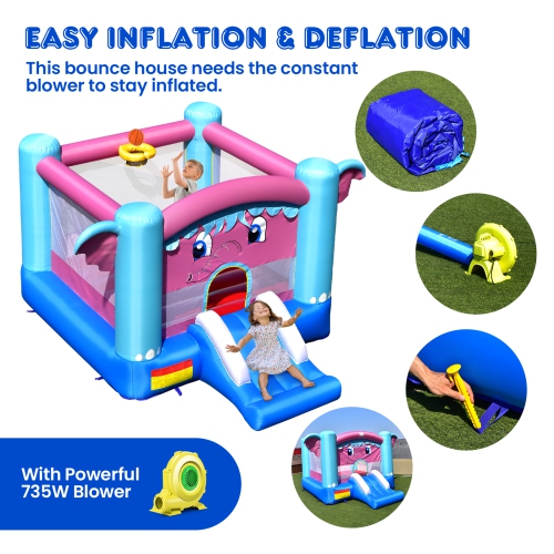 Topbuy Inflatable Bounce House 3-in-1 Elephant Theme Inflatable Castle w/ Jumping Area Slide & Basketball Rim Indoor Outdoor Kids Bouncer with 735W