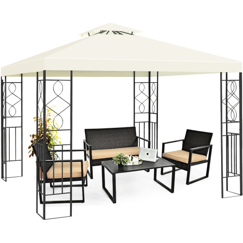 Topbuy 2-Tiers 10'x10' Outdoor Canopy Gazebo Art Steel Frame Party Patio Large Canopy Gazebo W/Netting