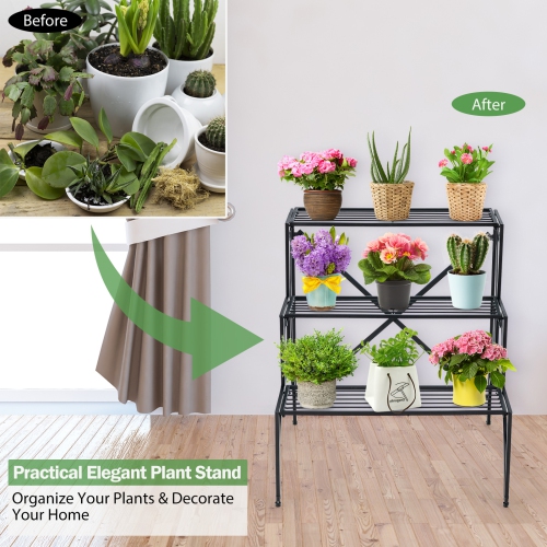 Topbuy 3 Tier Storage Shelf Metal Ladder Plant Stand Flower Pot Display Shelf Rack Natural for Indoor&Outdoor