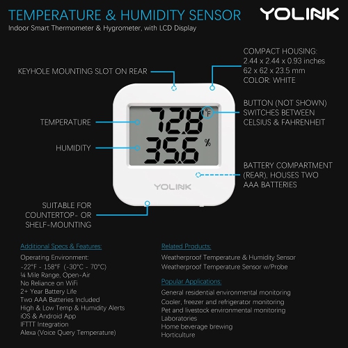 YoLink Smart Temperature Humidity Sensor Works w/Alexa IFTTT, 1/4