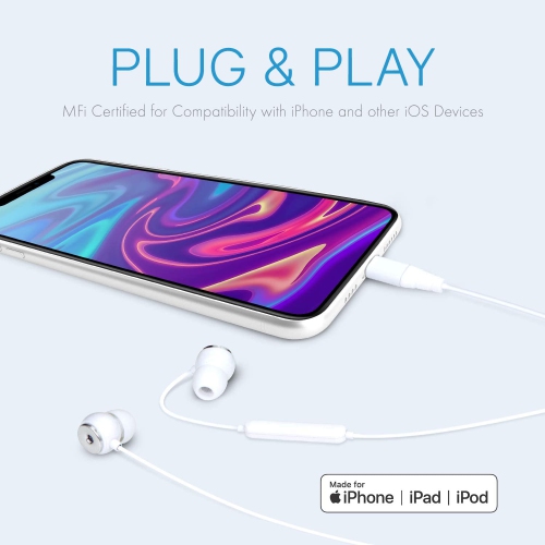 Lightning Earbuds for iPhone Apple MFi Certified Headphones with Lightning Connector in Ear Headphones with Built in Microphone Hands Free Calling