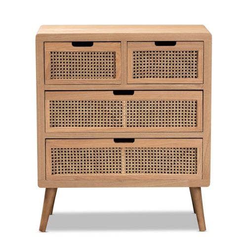 Bowery Hill Medium Oak Finished Wood and Rattan 4-Drawer Accent Chest