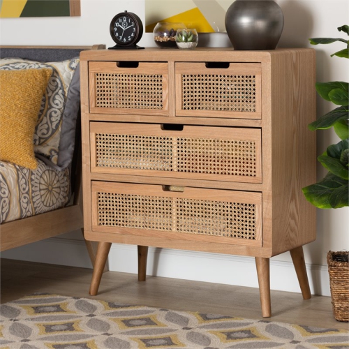 Bowery Hill Medium Oak Finished Wood and Rattan 4-Drawer Accent Chest