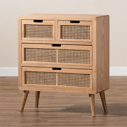 Bowery Hill Medium Oak Finished Wood and Rattan 4-Drawer Accent Chest