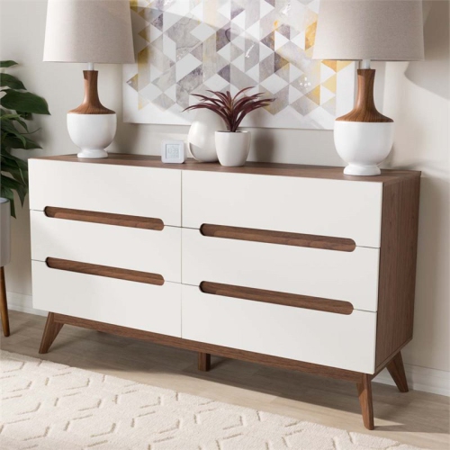 Bowery Hill 6 Drawer Double Dresser in White and Walnut