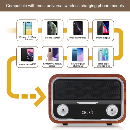 axGear Haut-parleur Bluetooth de réveil LED numérique en bois avec chargeur sans fil rapide 10W