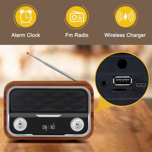 axGear Haut-parleur Bluetooth de réveil LED numérique en bois avec chargeur sans fil rapide 10W