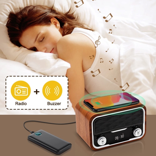 axGear Haut-parleur Bluetooth de réveil LED numérique en bois avec chargeur sans fil rapide 10W