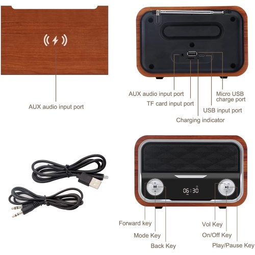 axGear Haut-parleur Bluetooth de réveil LED numérique en bois avec chargeur sans fil rapide 10W