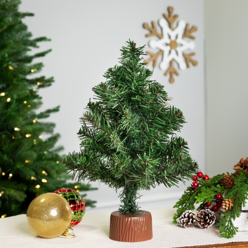 Mini Canadian Pine Artificial Christmas Tree with Faux Wood Base - 12" - Unlit