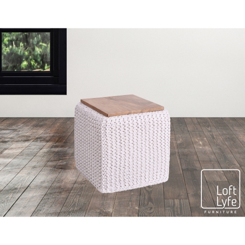 Loft Lyfe Shaelyn Cotton Yarn 3-in-1 Pouf/Ottoman/End Table, White