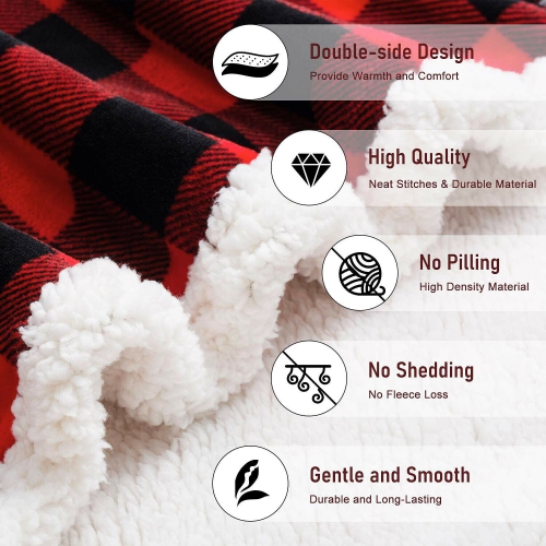 [Hypoallergenic, Anti-Static, Warm] Plaid Design Reversible Sherpa Throw Blanket