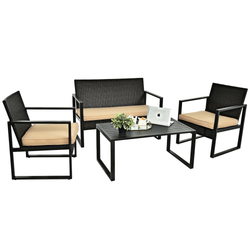 SLICKBLUE  4 Pieces Patio Rattan Furniture Set Cushioned Sofa Coffee Table Garden Deck
