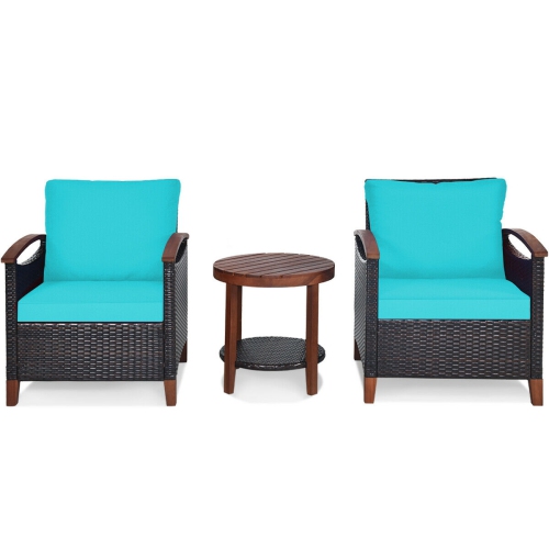 SLICKBLUE  3 PCs Solid Wood Frame Patio Rattan Furniture Set-Turquoise