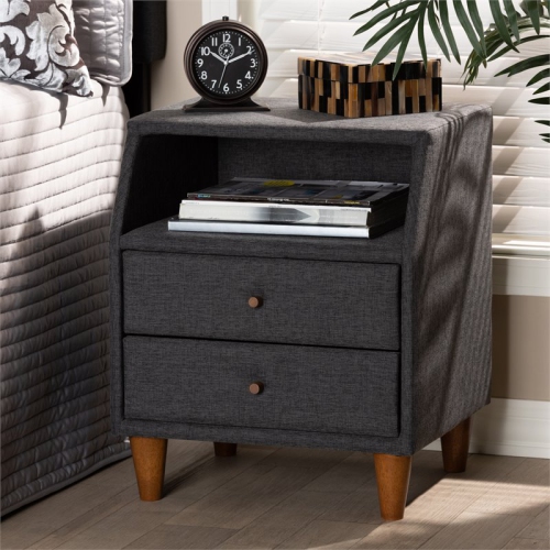 Bowery Hill 2-Drawer Fabric and Wood Nightstand in Charcoal Gray