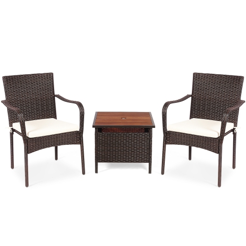 3 PCS Patio Rattan Furniture Bistro Set with Wood Side Table and Stackable Chair