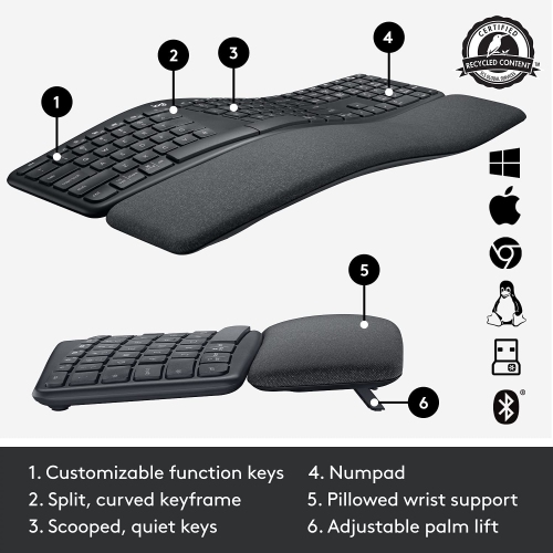 Boîte ouverte – clavier ergonomique sans fil ERGO K860 de Logitech – clavier divisé, repose-poignets